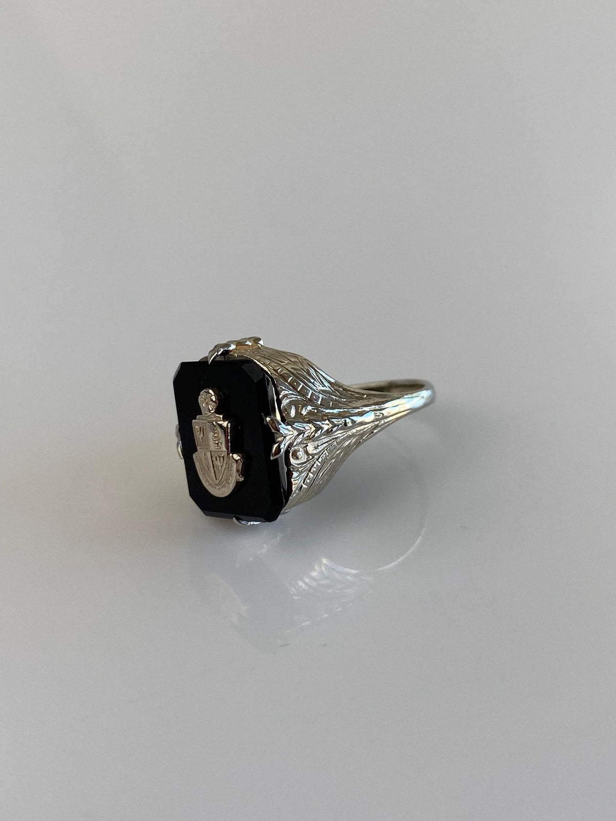 Vintage Solid 14k White Gold Black Onyx Art Deco Style Ring - Size 4