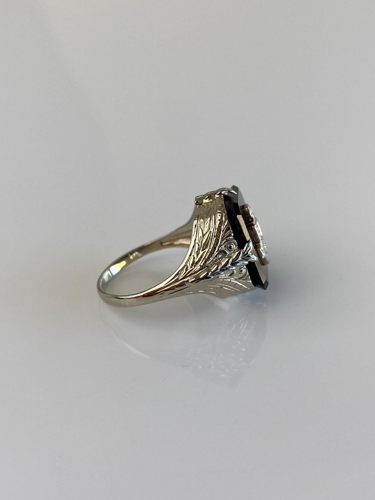 Vintage Solid 14k White Gold Black Onyx Art Deco Style Ring - Size 4