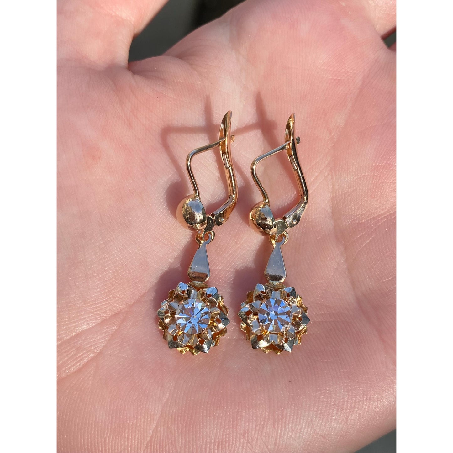 Solid 18k Rosey Gold Cubic Zirconia Flower Dangle Earrings