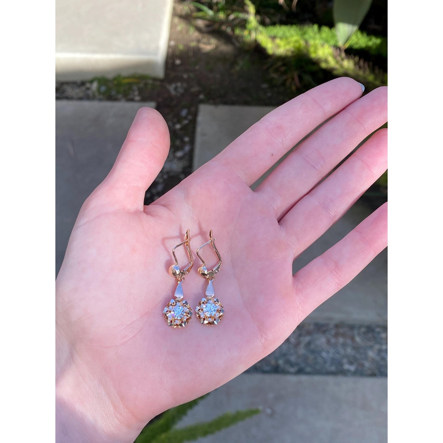 Solid 18k Rosey Gold Cubic Zirconia Flower Dangle Earrings
