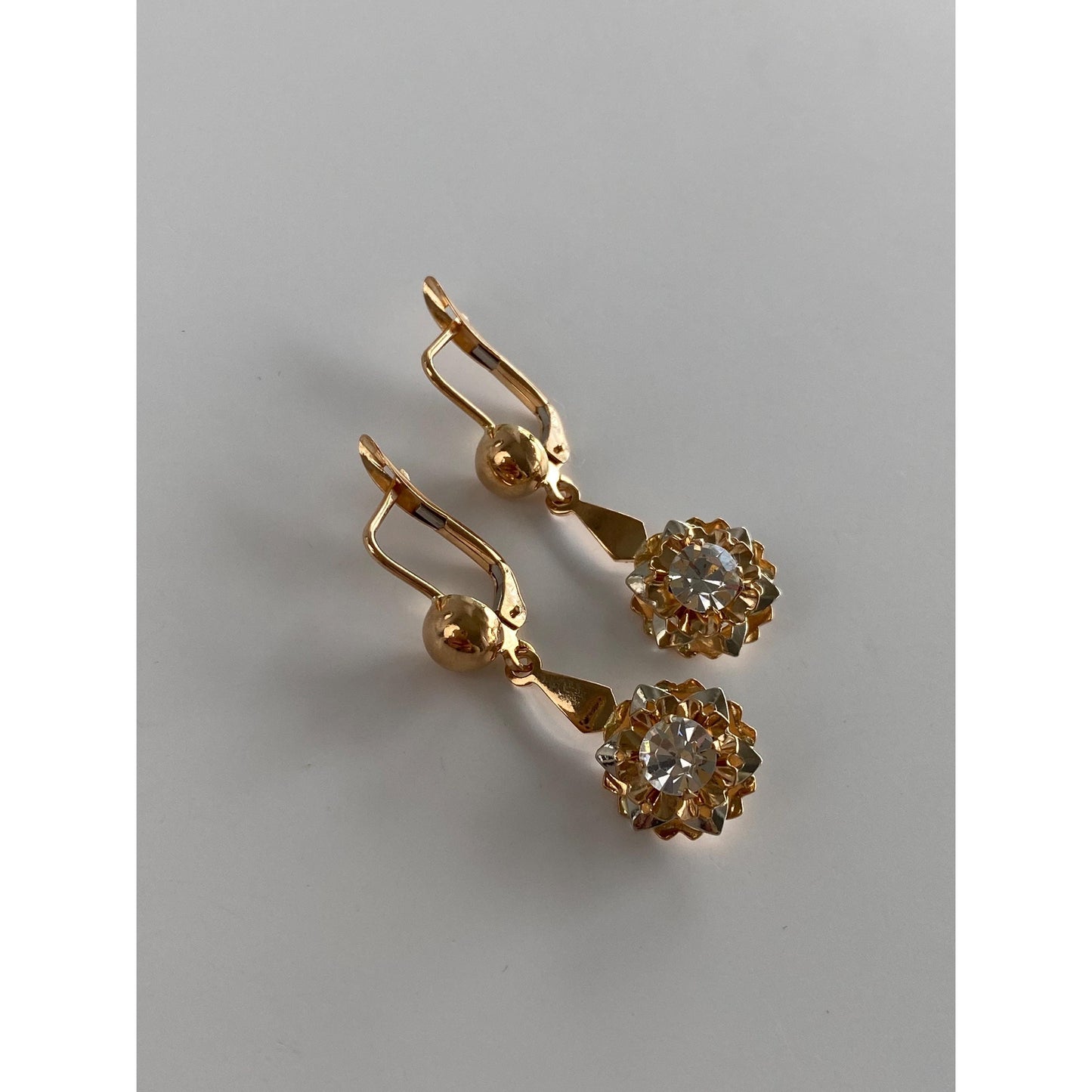 Solid 18k Rosey Gold Cubic Zirconia Flower Dangle Earrings