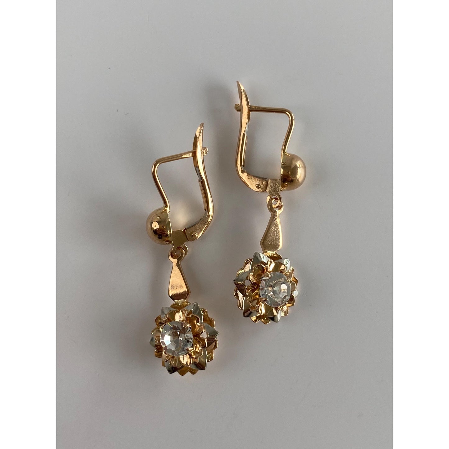 Solid 18k Rosey Gold Cubic Zirconia Flower Dangle Earrings