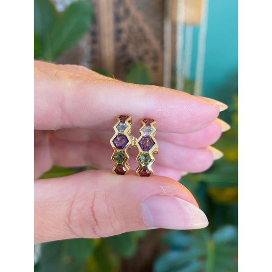 Vintage Solid 14k Yellow Gold Garnet Aquamarine Citrine Amethyst Pink Green Tourmaline Drop Earrings