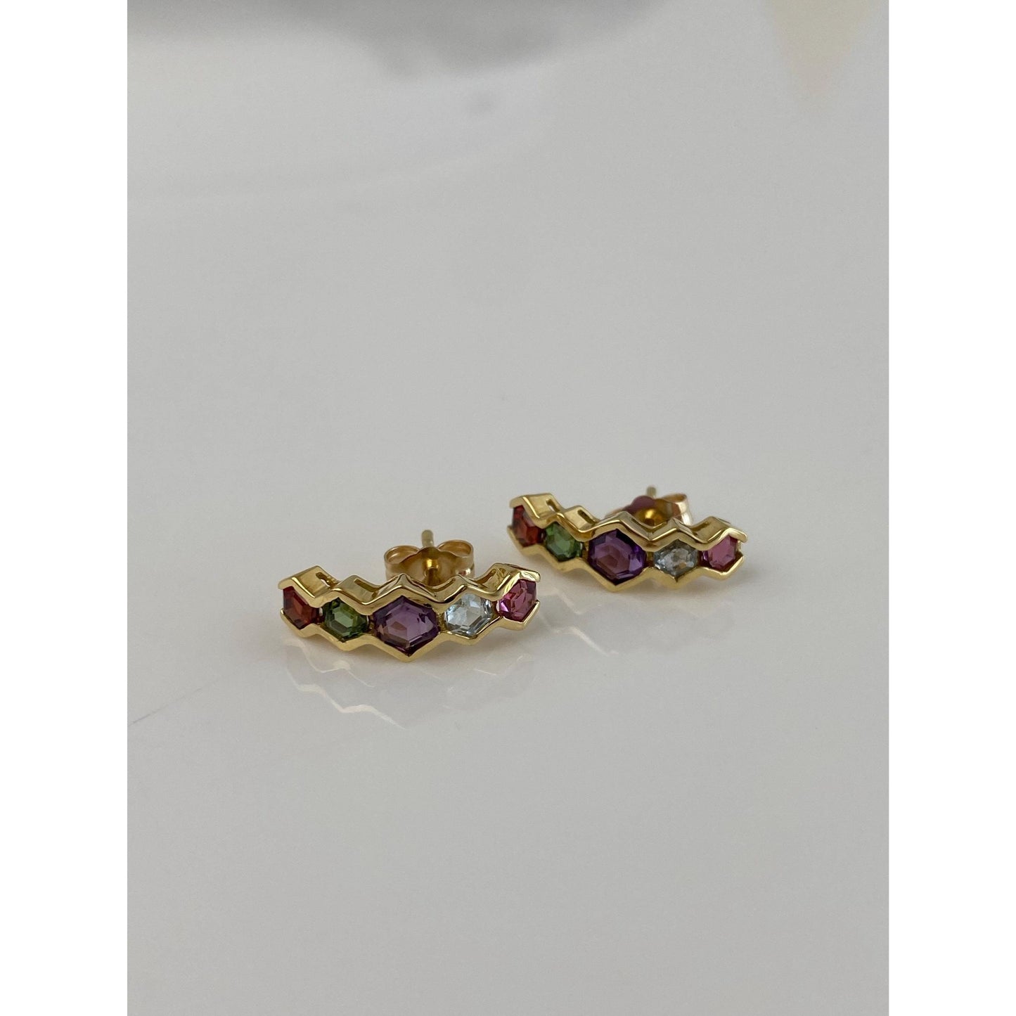 Vintage Solid 14k Yellow Gold Garnet Aquamarine Citrine Amethyst Pink Green Tourmaline Drop Earrings