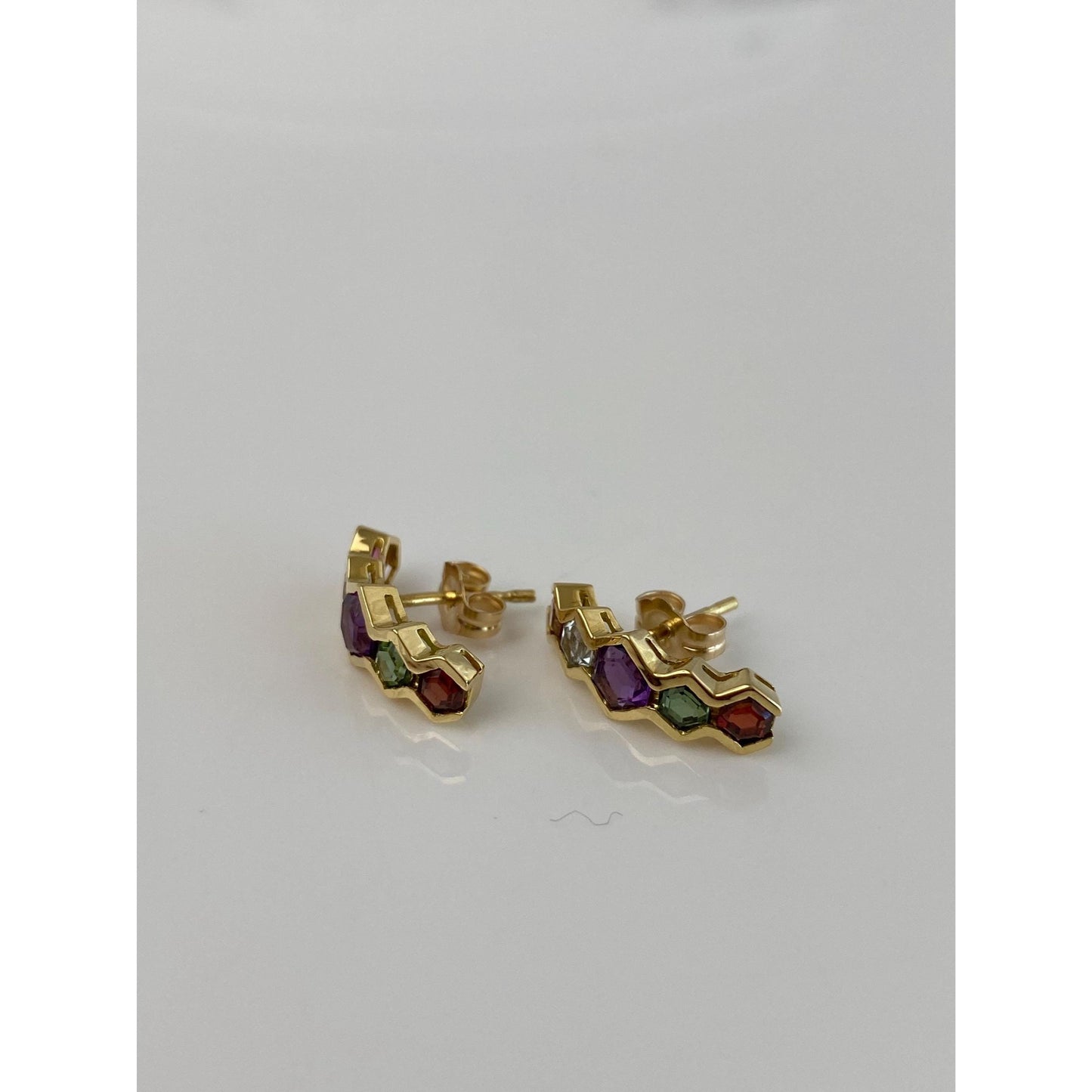 Vintage Solid 14k Yellow Gold Garnet Aquamarine Citrine Amethyst Pink Green Tourmaline Drop Earrings