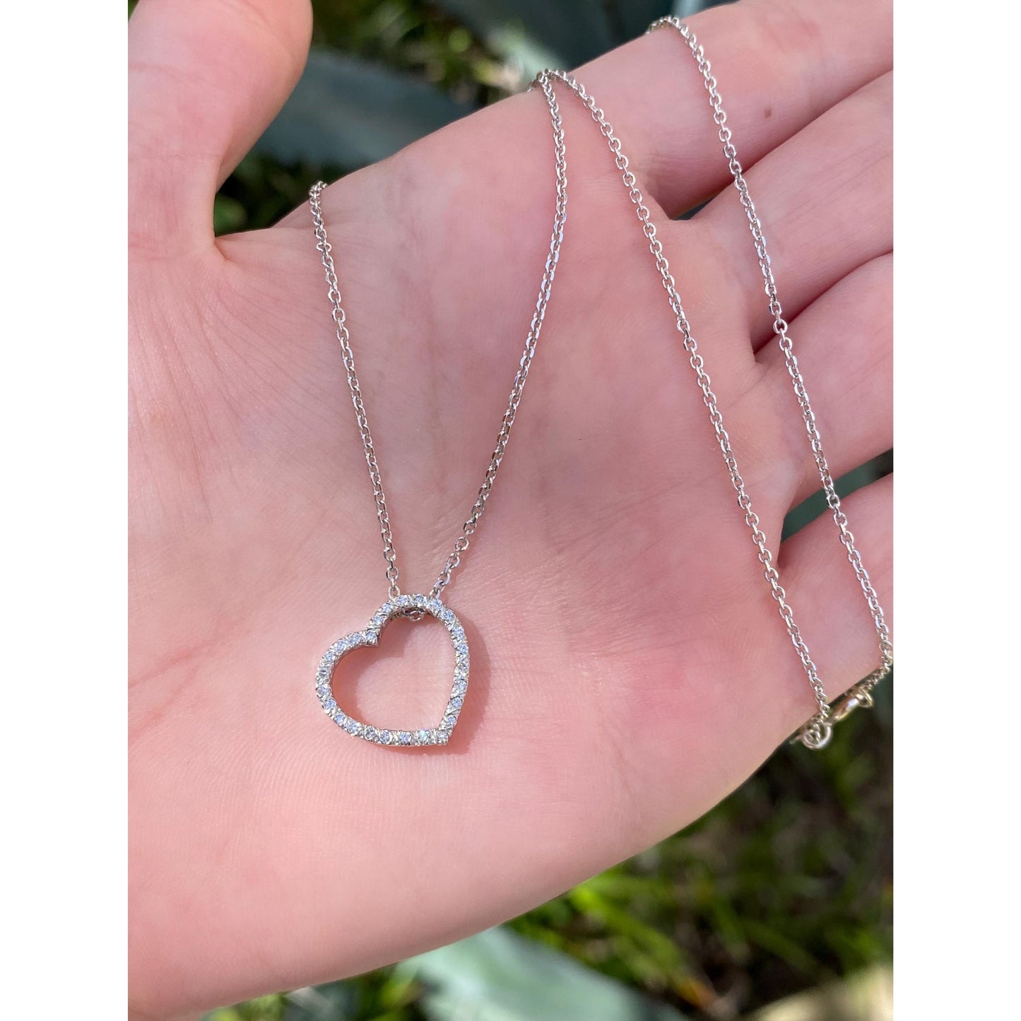 Solid 14k White Gold Diamond Heart Cable Necklace - 16 inches