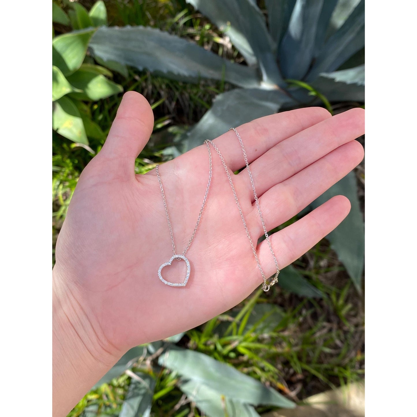 Solid 14k White Gold Diamond Heart Cable Necklace - 16 inches