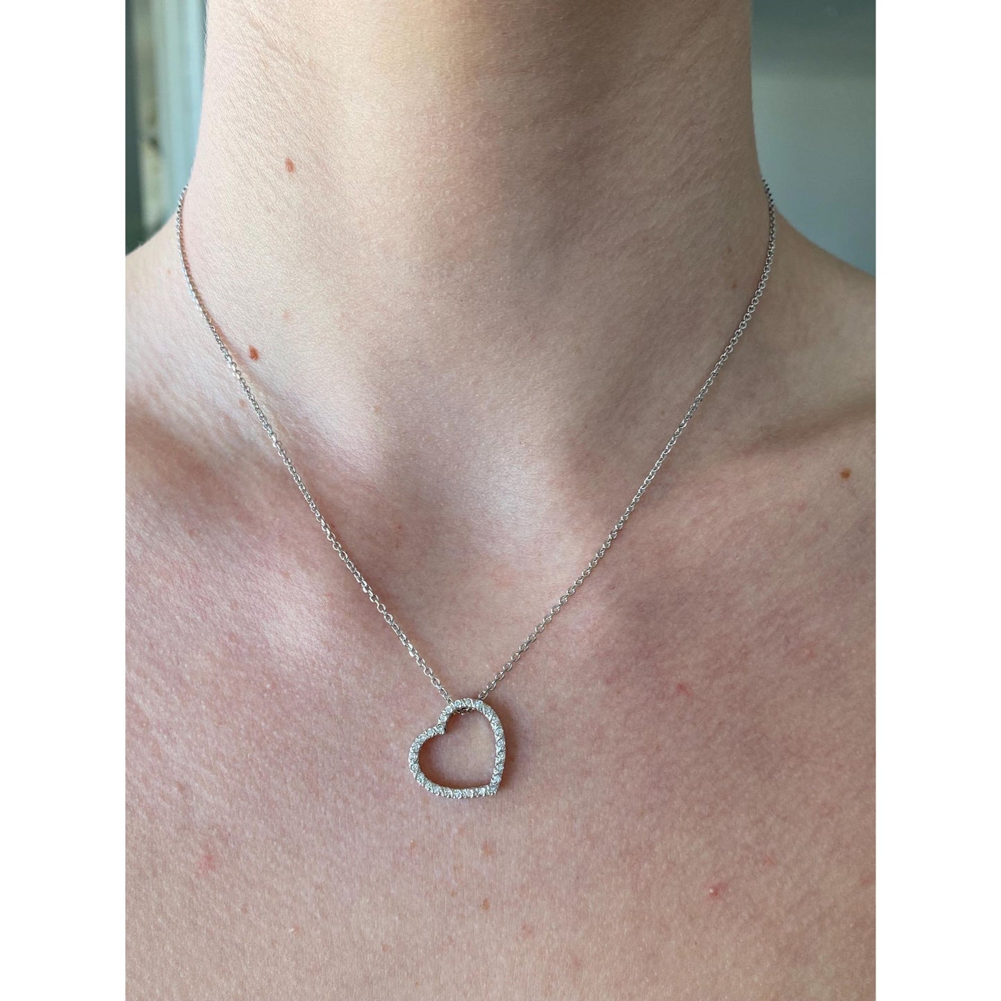 Solid 14k White Gold Diamond Heart Cable Necklace - 16 inches