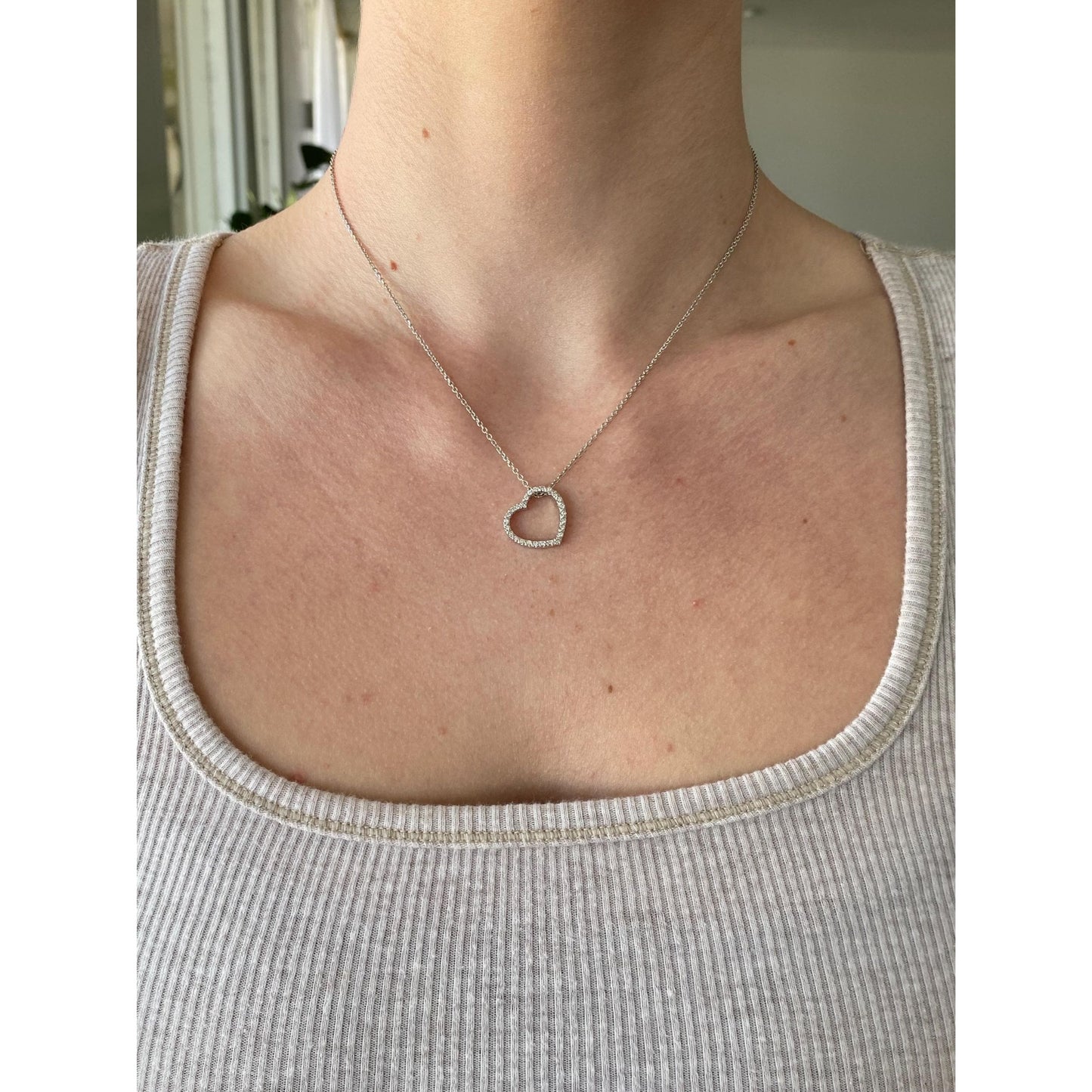 Solid 14k White Gold Diamond Heart Cable Necklace - 16 inches