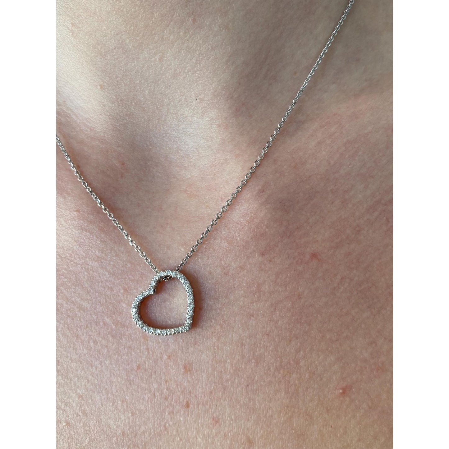 Solid 14k White Gold Diamond Heart Cable Necklace - 16 inches