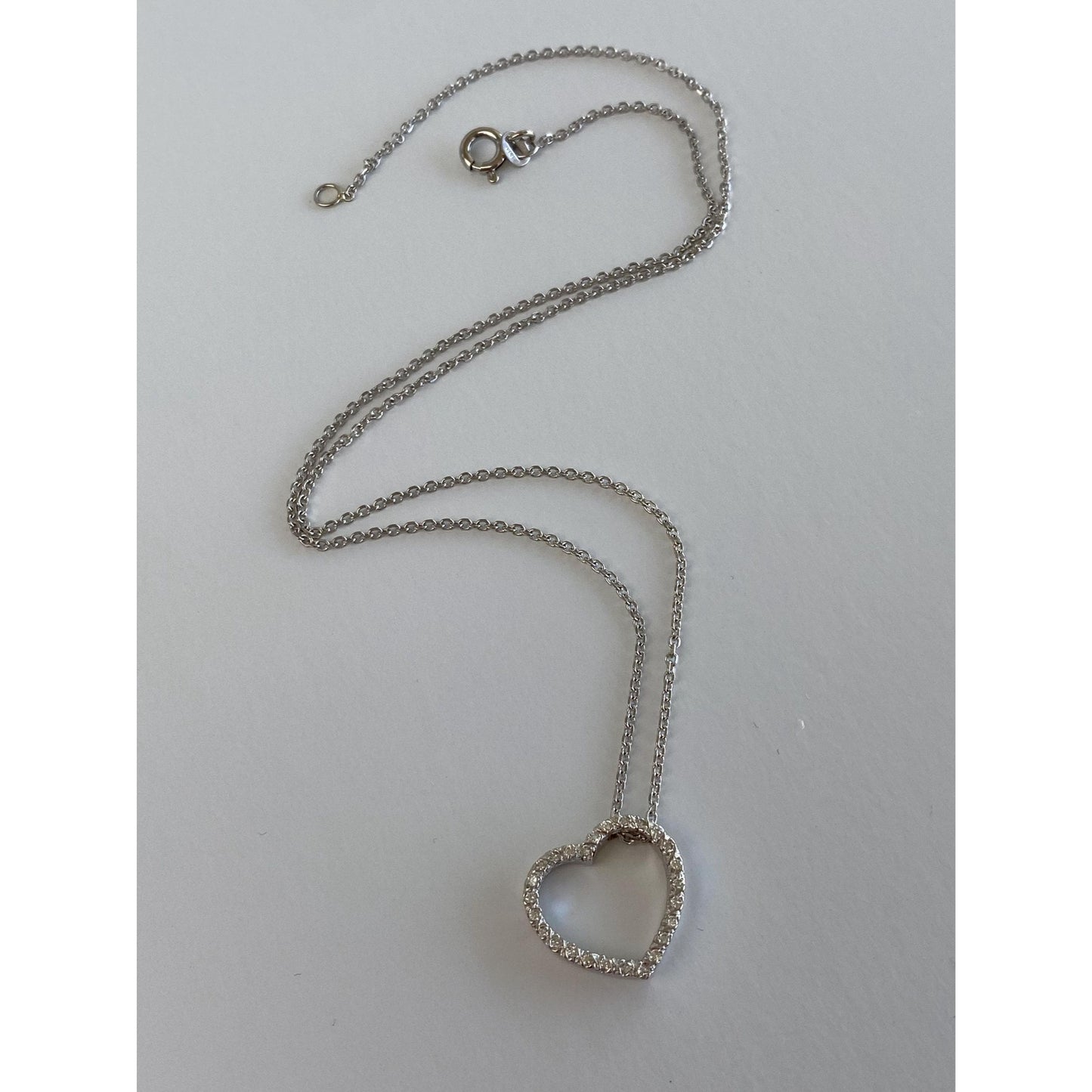 Solid 14k White Gold Diamond Heart Cable Necklace - 16 inches