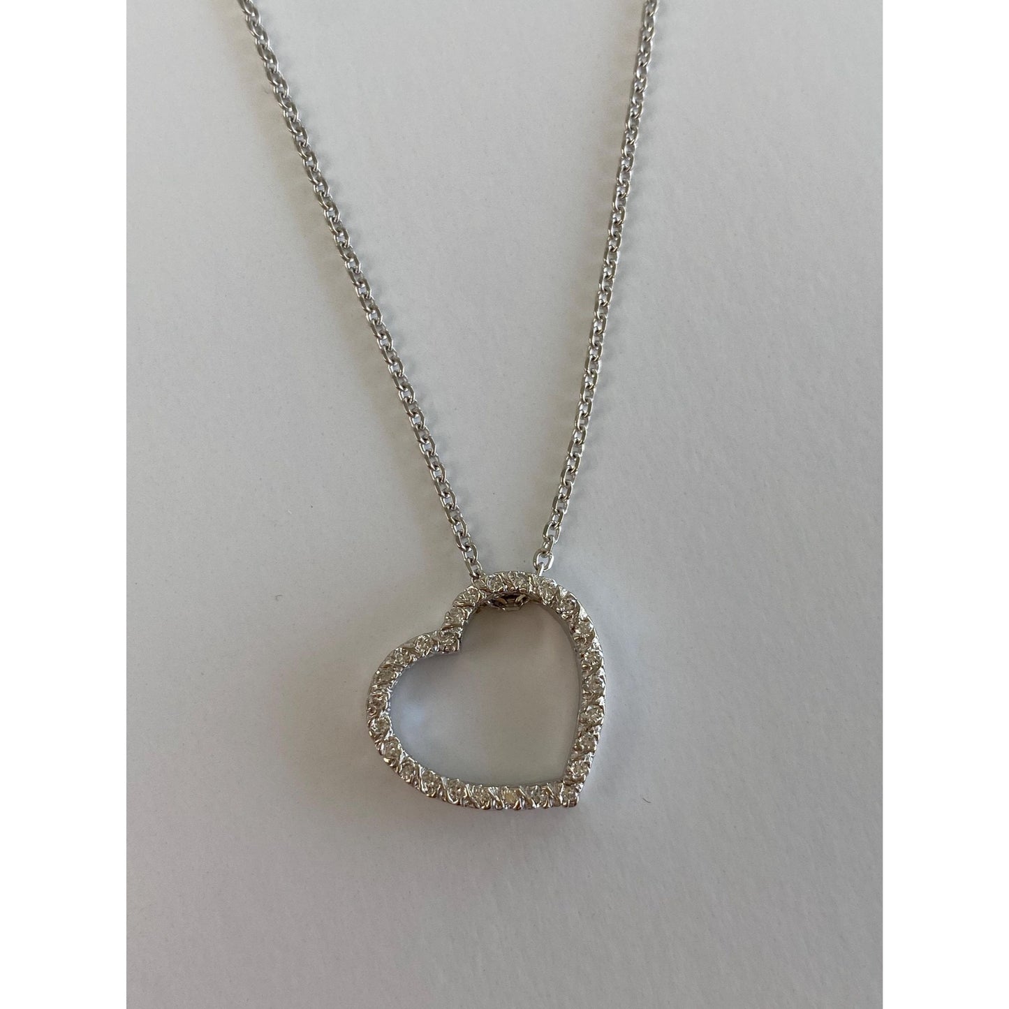 Solid 14k White Gold Diamond Heart Cable Necklace - 16 inches