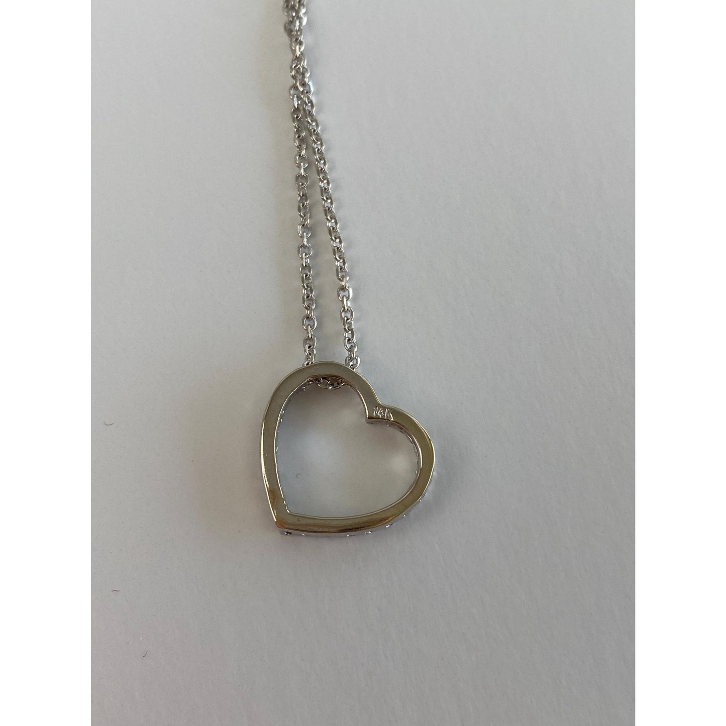 Solid 14k White Gold Diamond Heart Cable Necklace - 16 inches