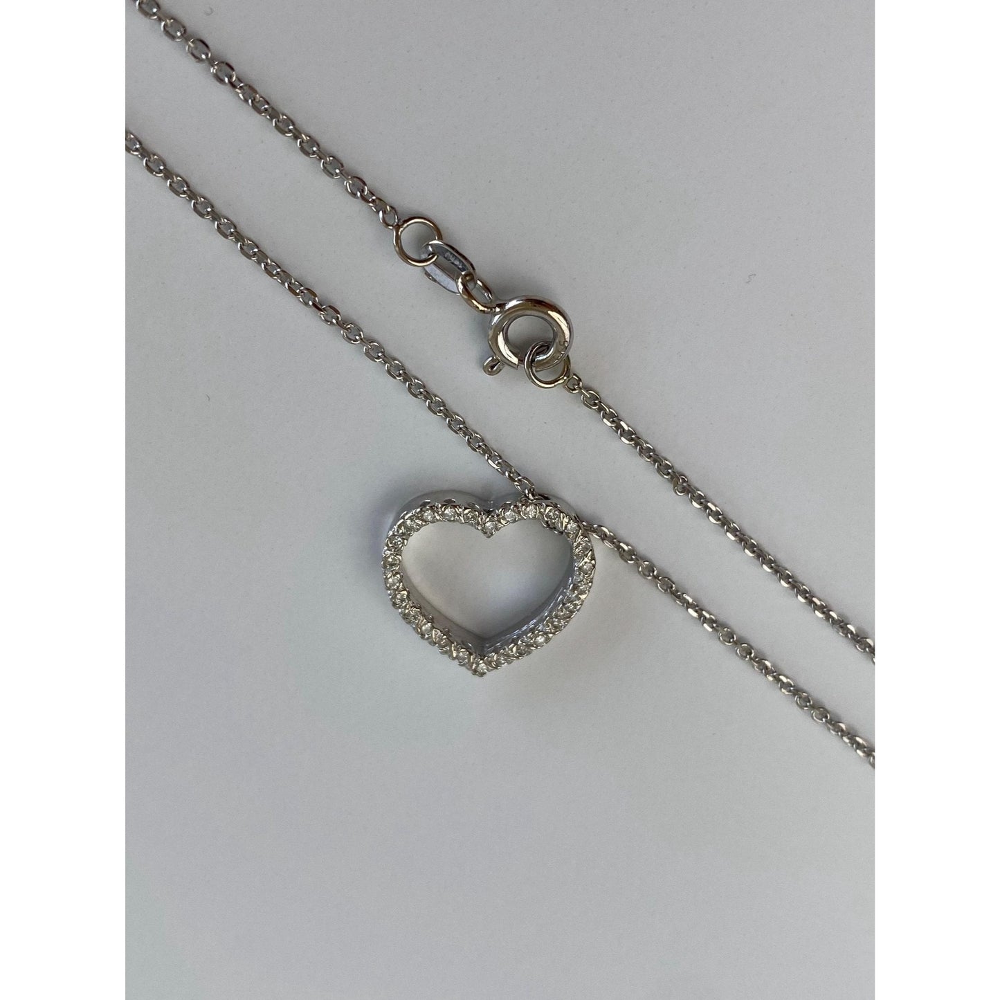 Solid 14k White Gold Diamond Heart Cable Necklace - 16 inches