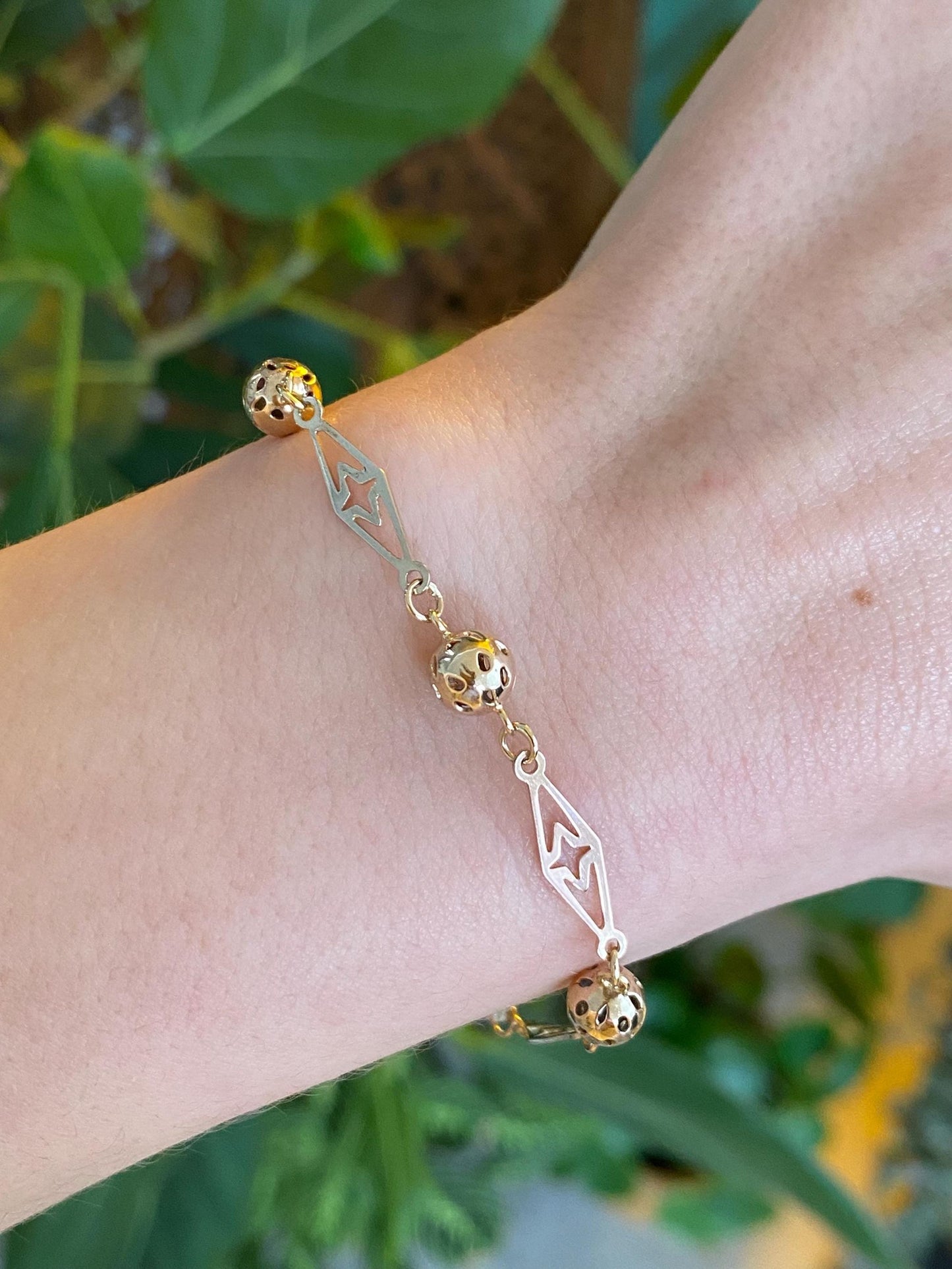 Vintage Solid 14k Tri Tone Gold Fancy Open Work Ball Link Bracelet - 6.75 inches