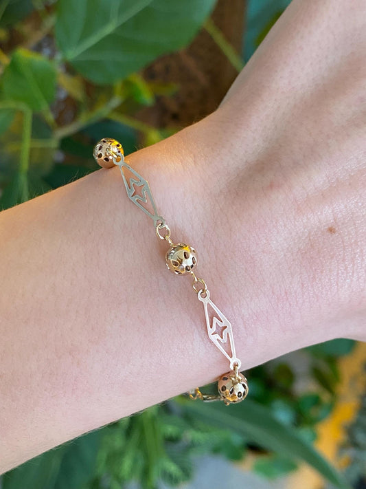Vintage Solid 14k Tri Tone Gold Fancy Open Work Ball Link Bracelet - 6.75 inches