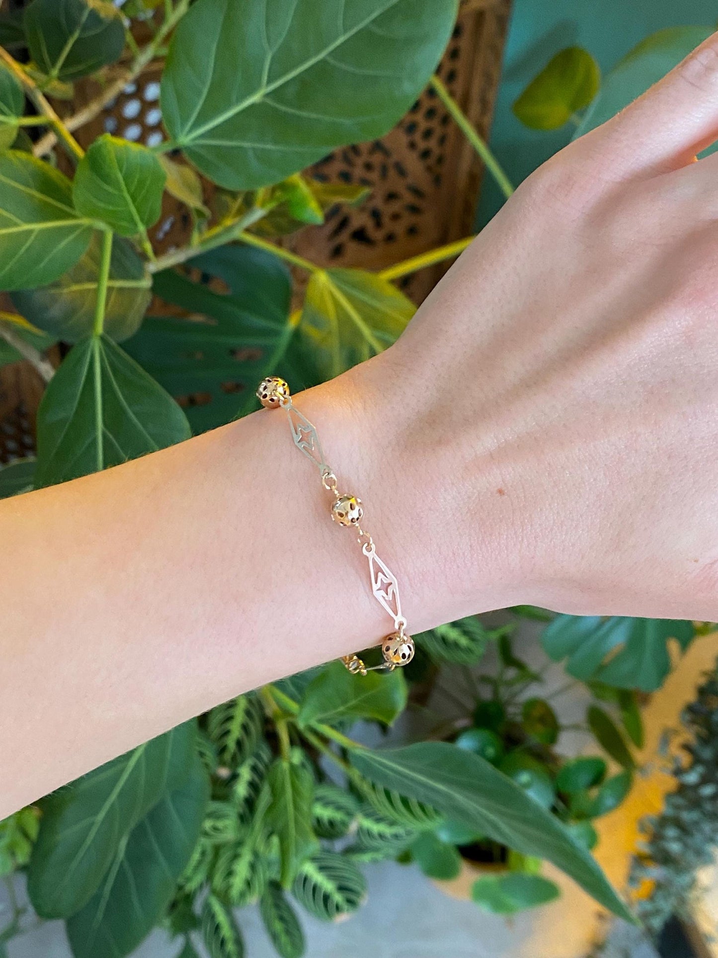 Vintage Solid 14k Tri Tone Gold Fancy Open Work Ball Link Bracelet - 6.75 inches
