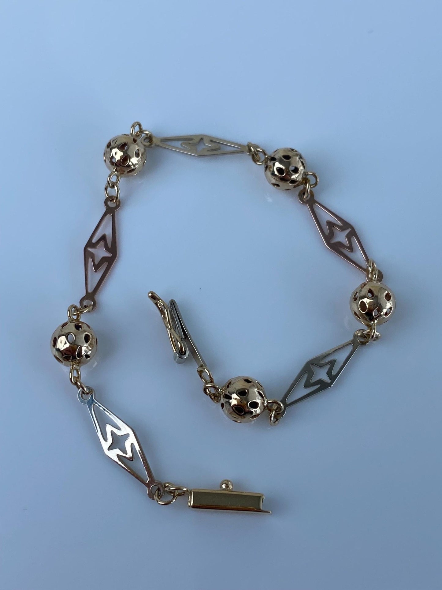 Vintage Solid 14k Tri Tone Gold Fancy Open Work Ball Link Bracelet - 6.75 inches