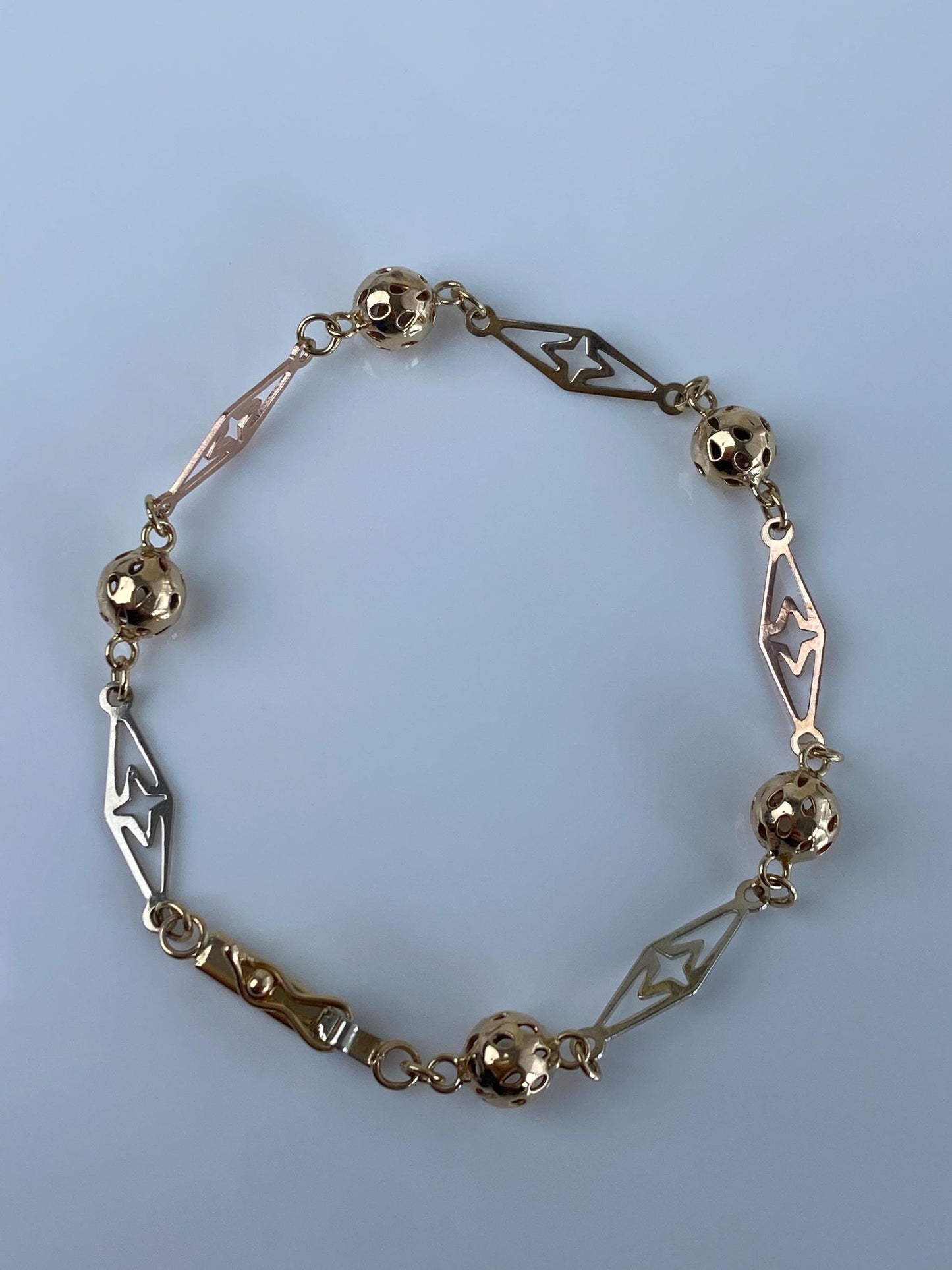 Vintage Solid 14k Tri Tone Gold Fancy Open Work Ball Link Bracelet - 6.75 inches