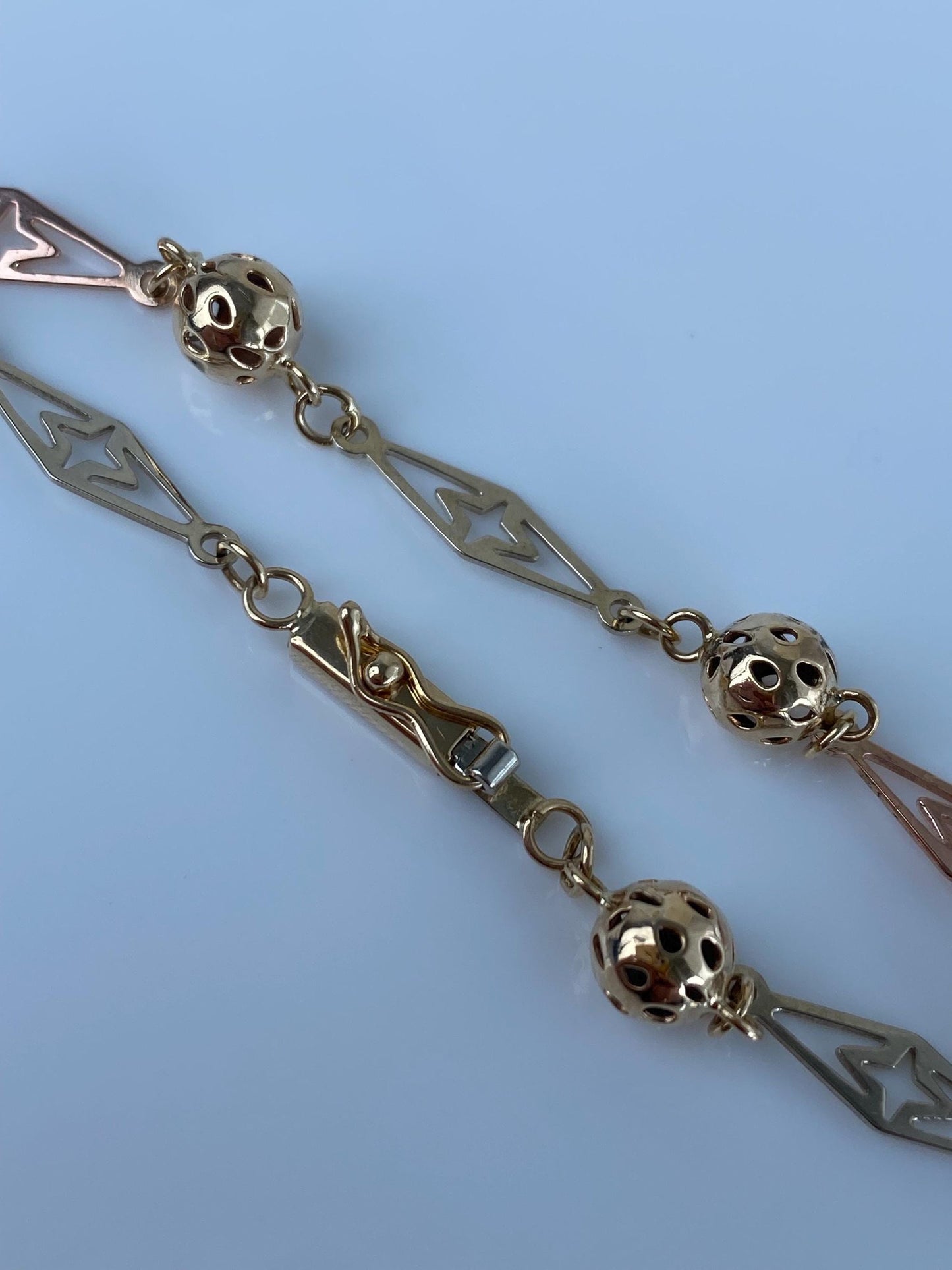 Vintage Solid 14k Tri Tone Gold Fancy Open Work Ball Link Bracelet - 6.75 inches