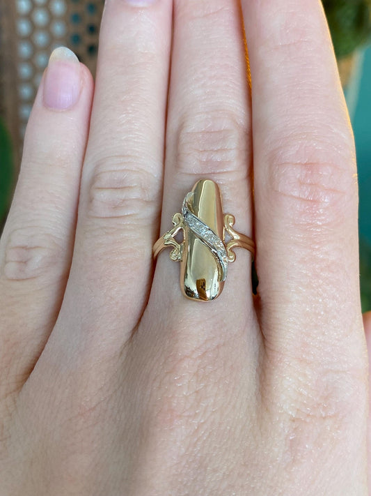 Vintage Solid 14k White & Yellow Gold Diamond Nail Ring - Size 6.75