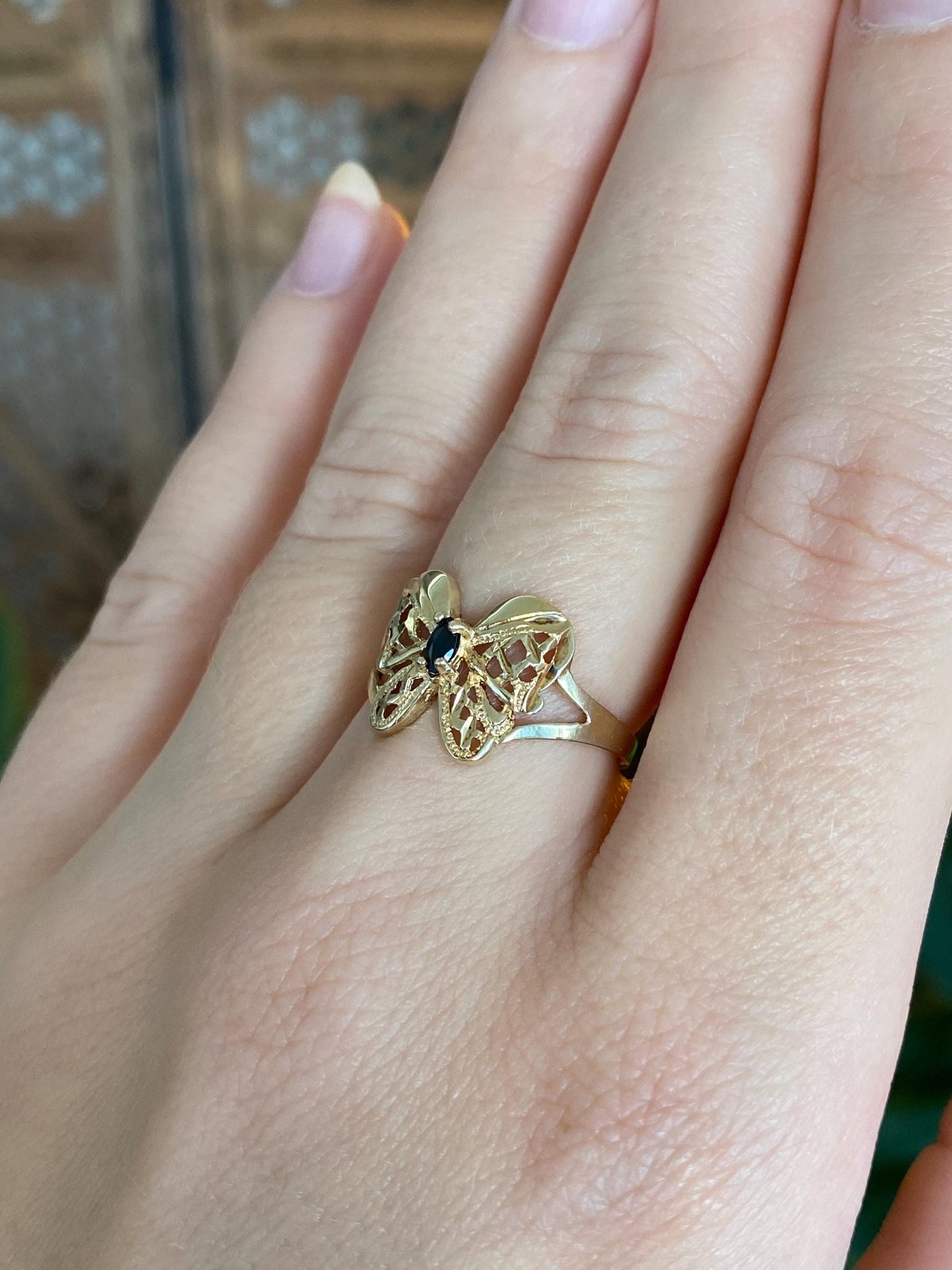 Vintage Solid 10k Yellow Gold Blue Sapphire Diamond Cut Butterfly Ring - Size 6.75
