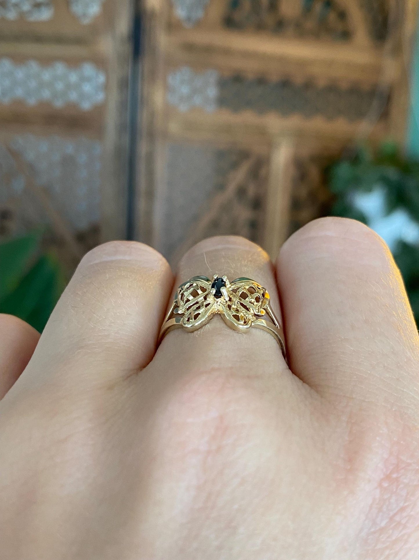 Vintage Solid 10k Yellow Gold Blue Sapphire Diamond Cut Butterfly Ring - Size 6.75