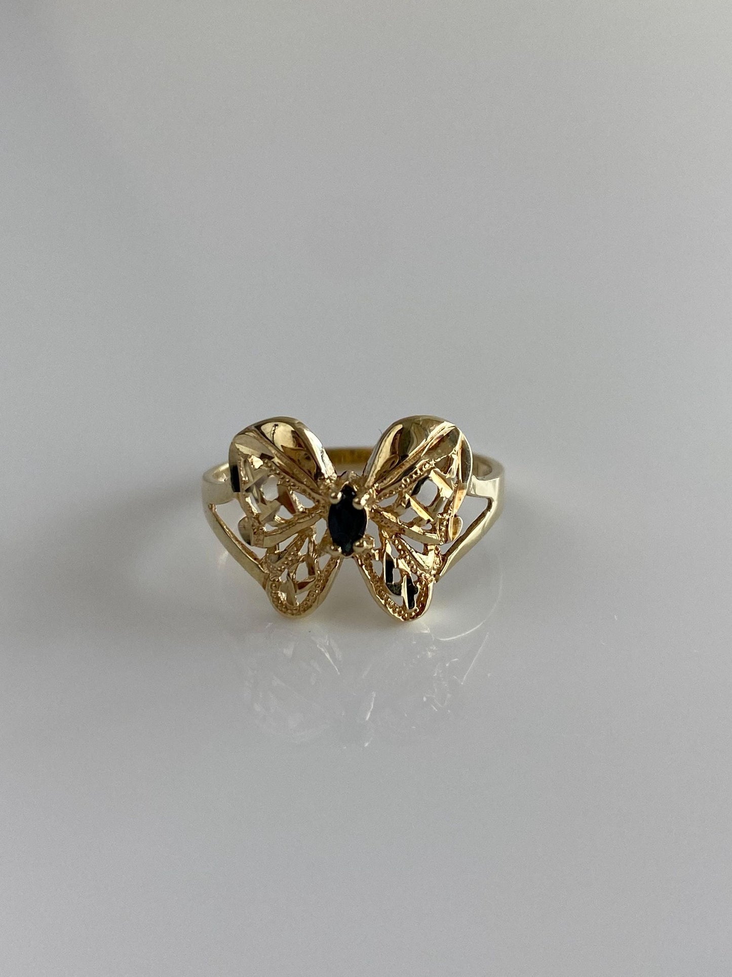 Vintage Solid 10k Yellow Gold Blue Sapphire Diamond Cut Butterfly Ring - Size 6.75