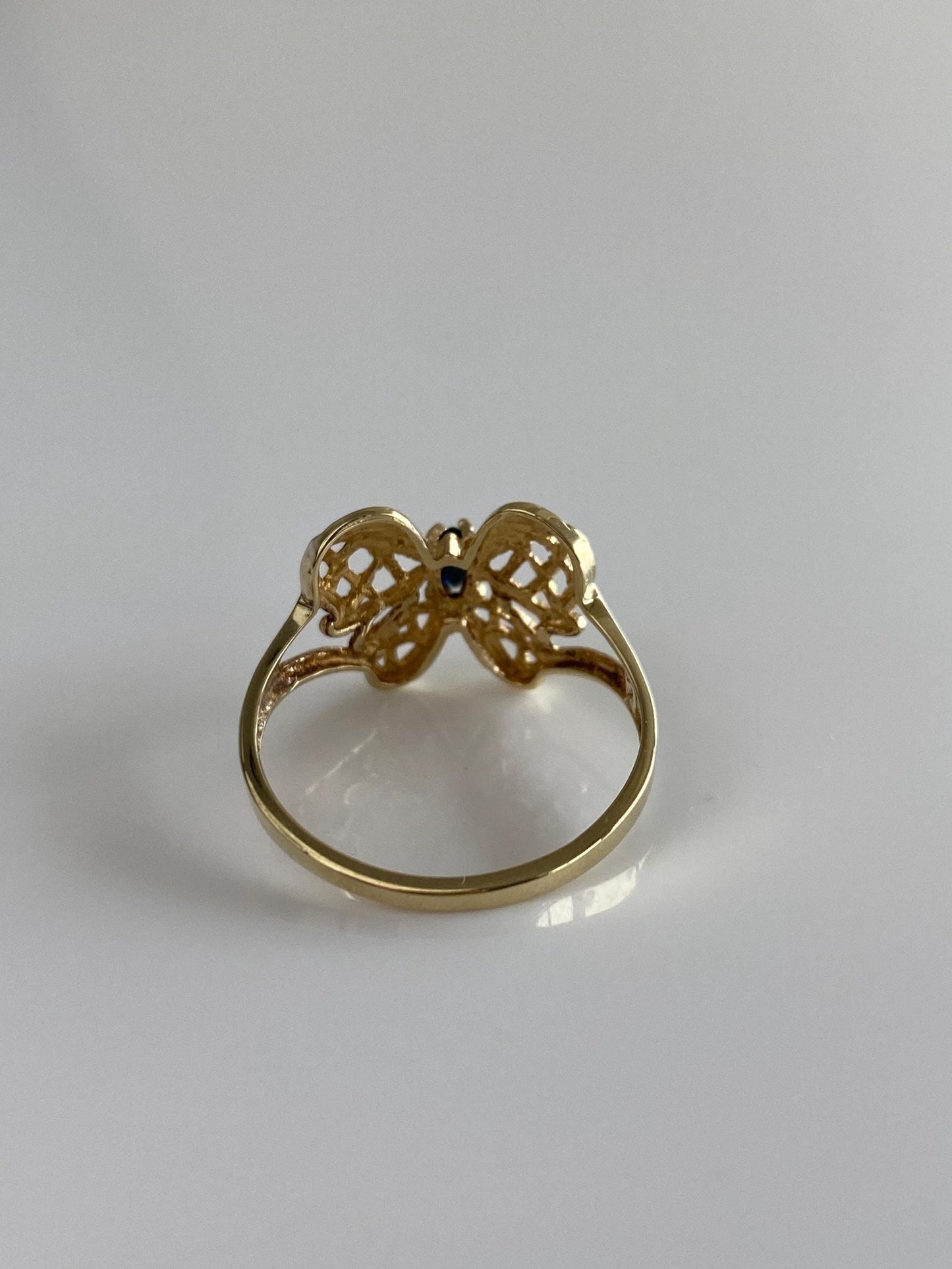 Vintage Solid 10k Yellow Gold Blue Sapphire Diamond Cut Butterfly Ring - Size 6.75