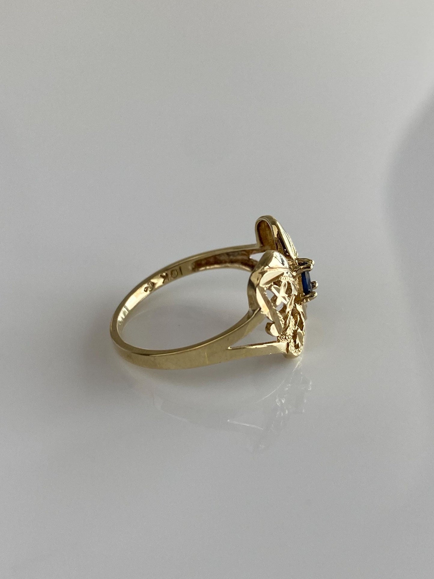 Vintage Solid 10k Yellow Gold Blue Sapphire Diamond Cut Butterfly Ring - Size 6.75