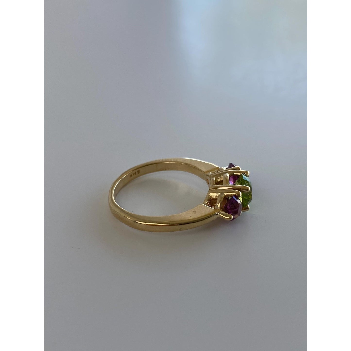Solid 14k Yellow Gold Peridot Pink Tourmaline Ring - Size 6.25