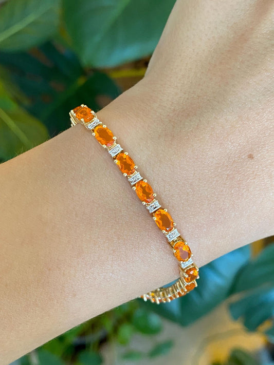 Vintage Solid 10k White & Yellow Gold Fire Opal Link Bracelet - 7.5 inches