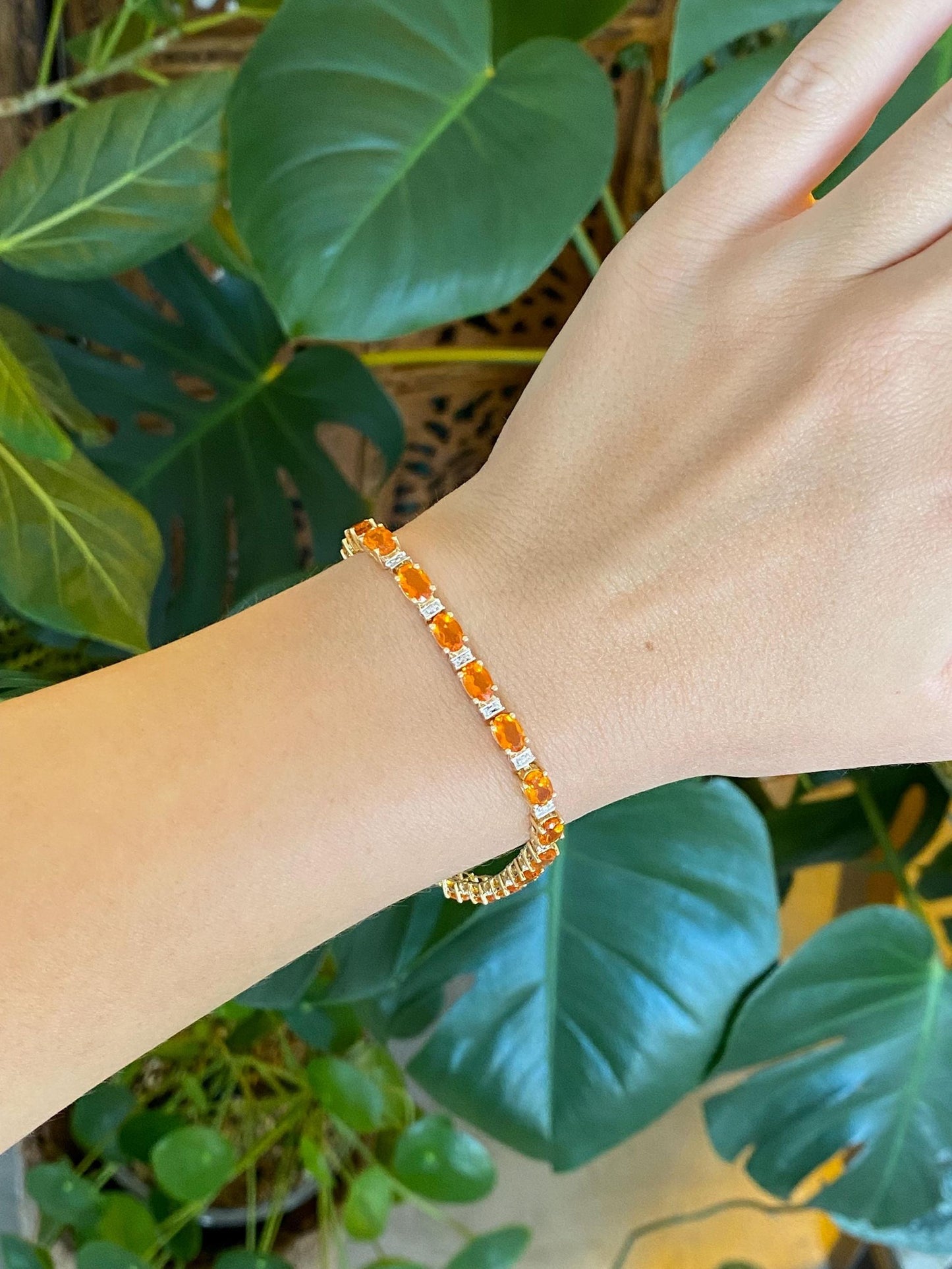 Vintage Solid 10k White & Yellow Gold Fire Opal Link Bracelet - 7.5 inches