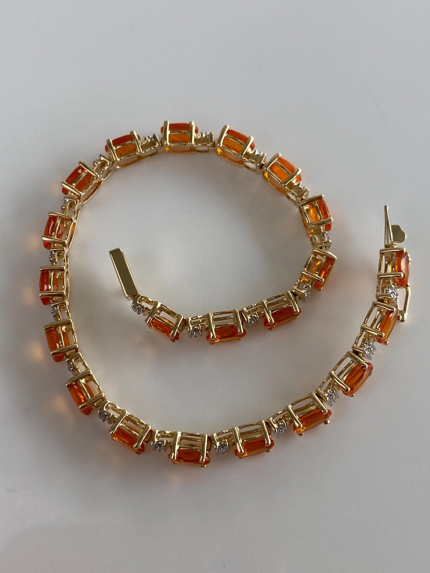 Vintage Solid 10k White & Yellow Gold Fire Opal Link Bracelet - 7.5 inches
