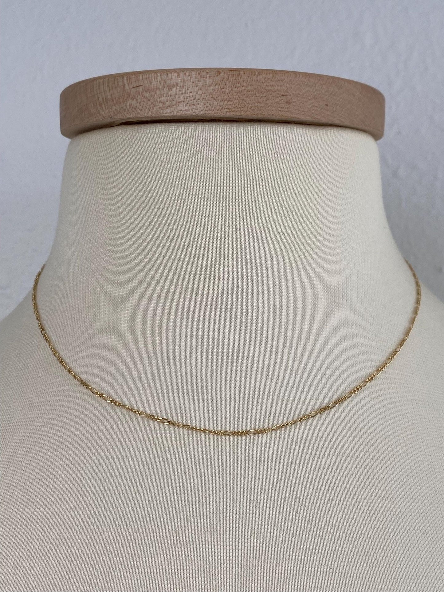 Vintage Solid 14k Yellow Gold Dainty Figaro Chain Necklace - 16.5 inches