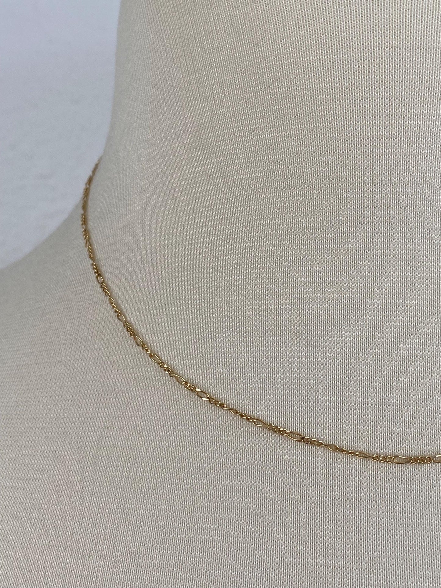 Vintage Solid 14k Yellow Gold Dainty Figaro Chain Necklace - 16.5 inches