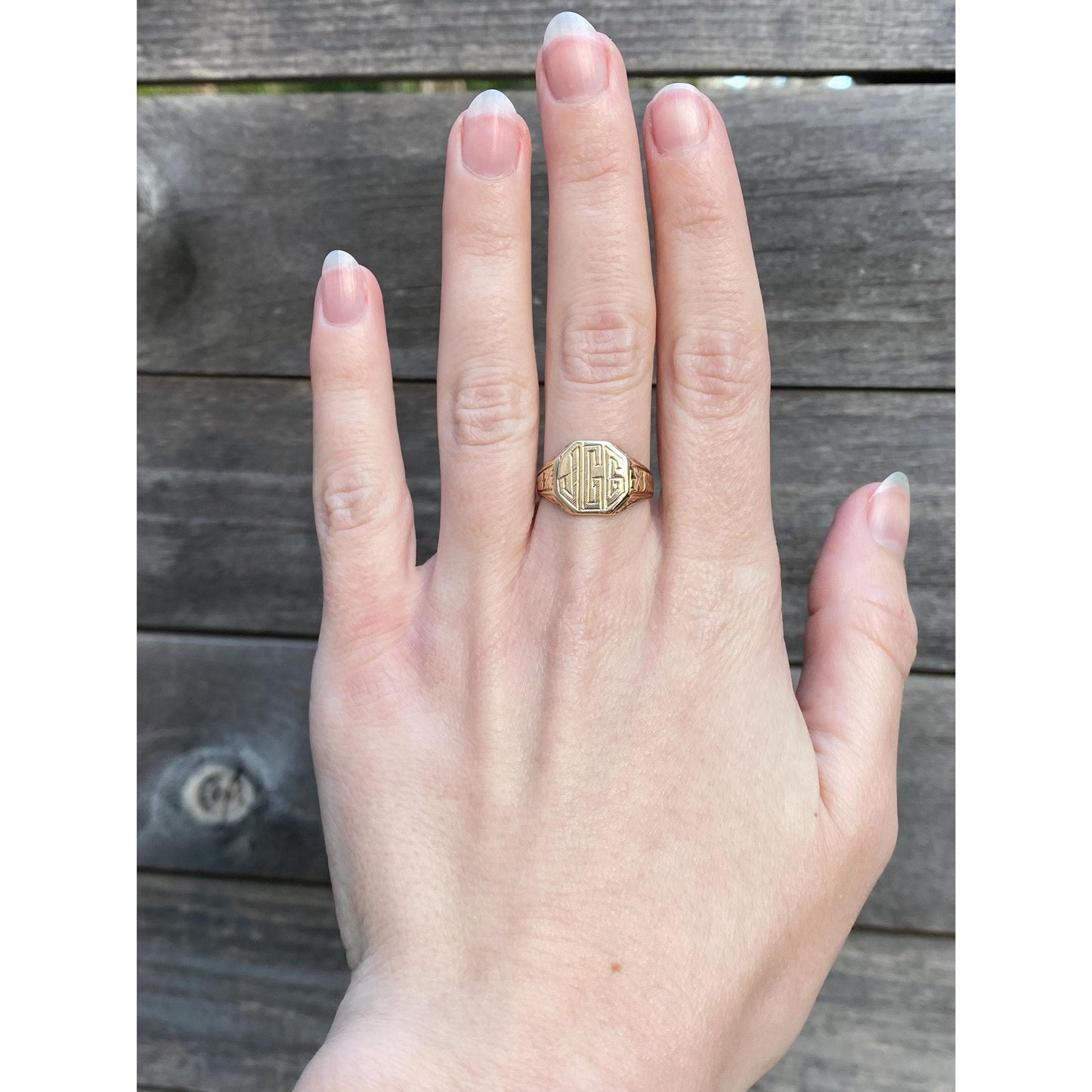 Vintage Solid 10k Yellow Gold Monogram JGC Pattern Signet Ring - Size 6.75