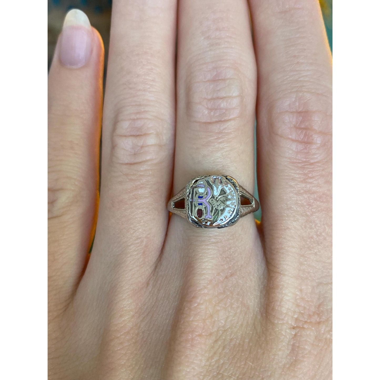 Vintage Solid 18k White Gold Enamel Art Deco Ring - Size 5.75