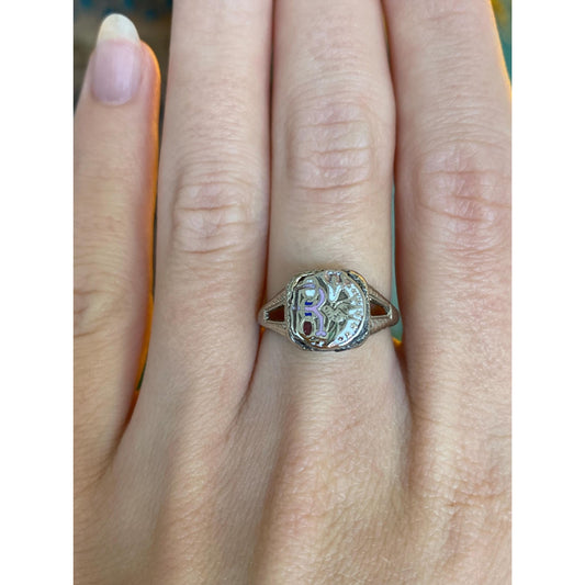 Vintage Solid 18k White Gold Enamel Art Deco Ring - Size 5.75