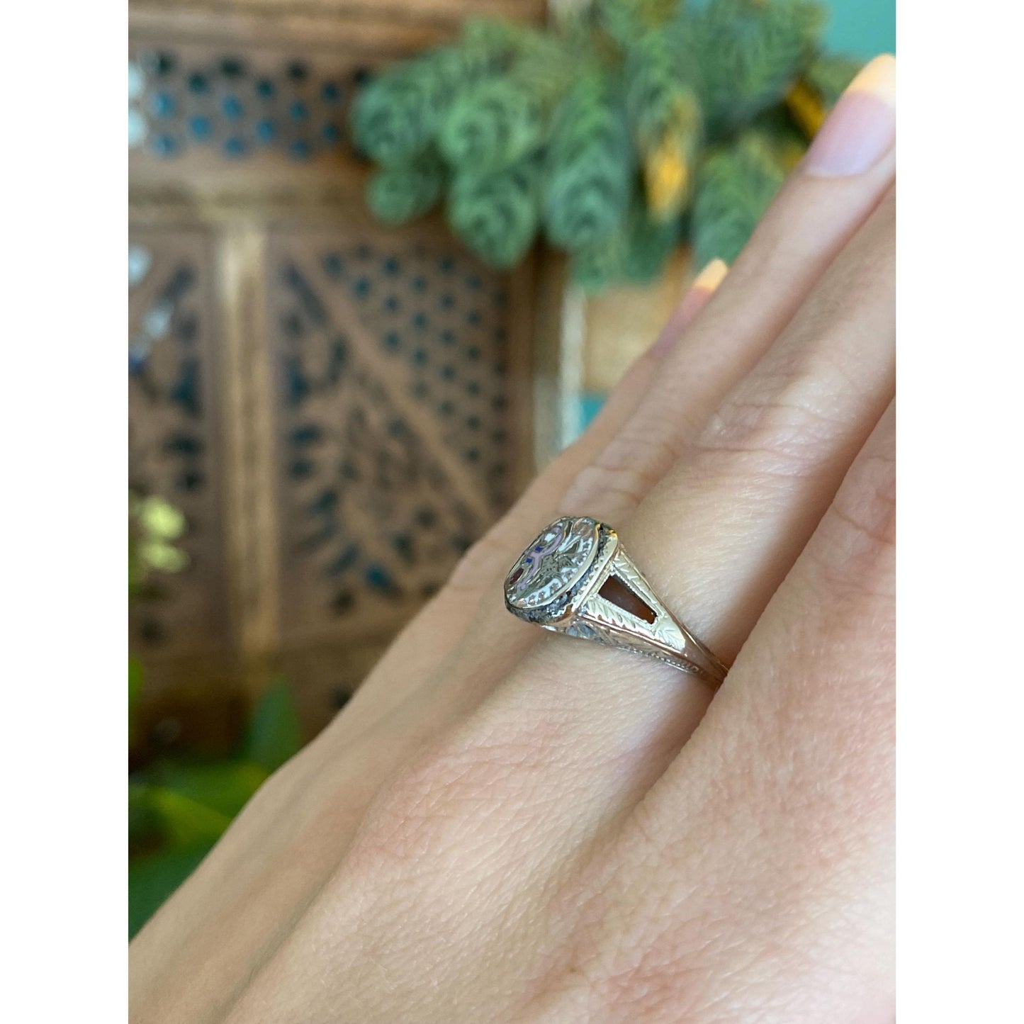 Vintage Solid 18k White Gold Enamel Art Deco Ring - Size 5.75