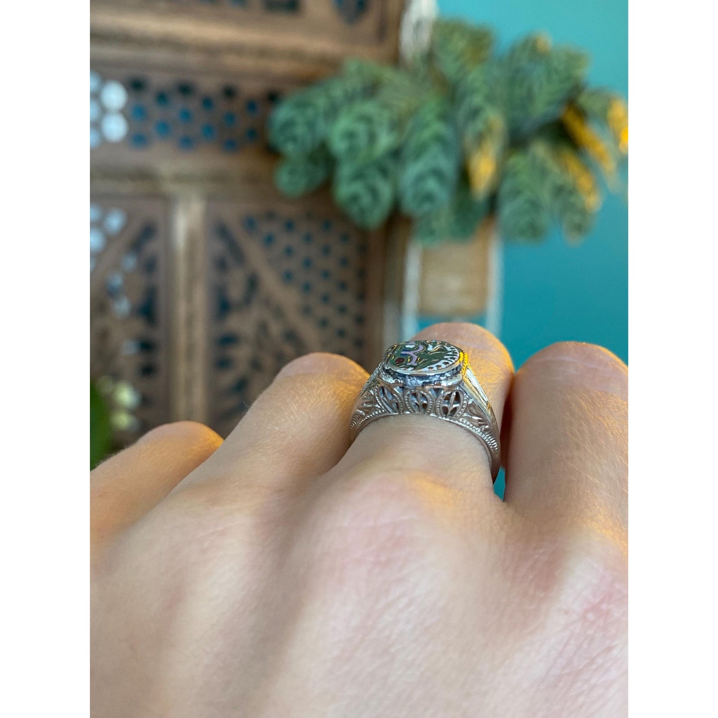 Vintage Solid 18k White Gold Enamel Art Deco Ring - Size 5.75