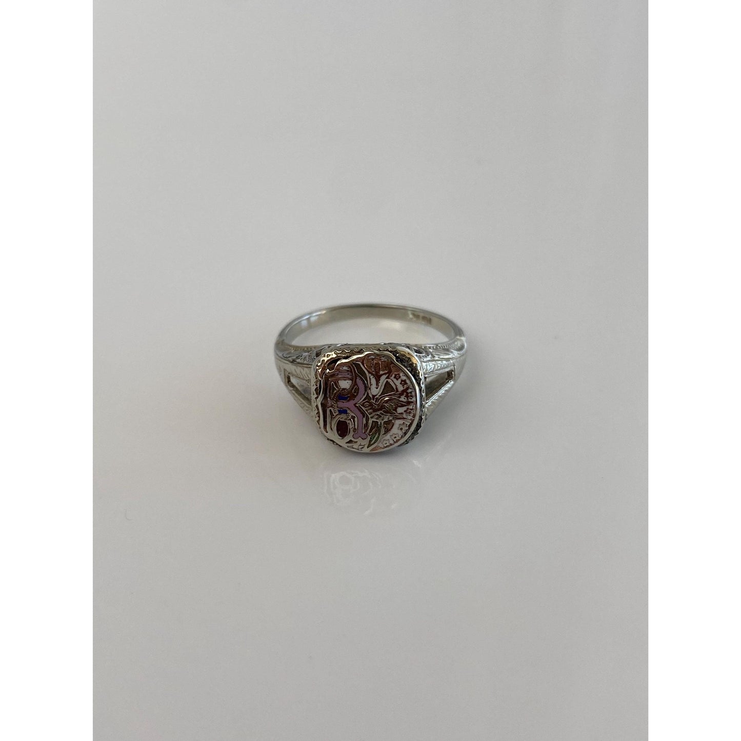 Vintage Solid 18k White Gold Enamel Art Deco Ring - Size 5.75