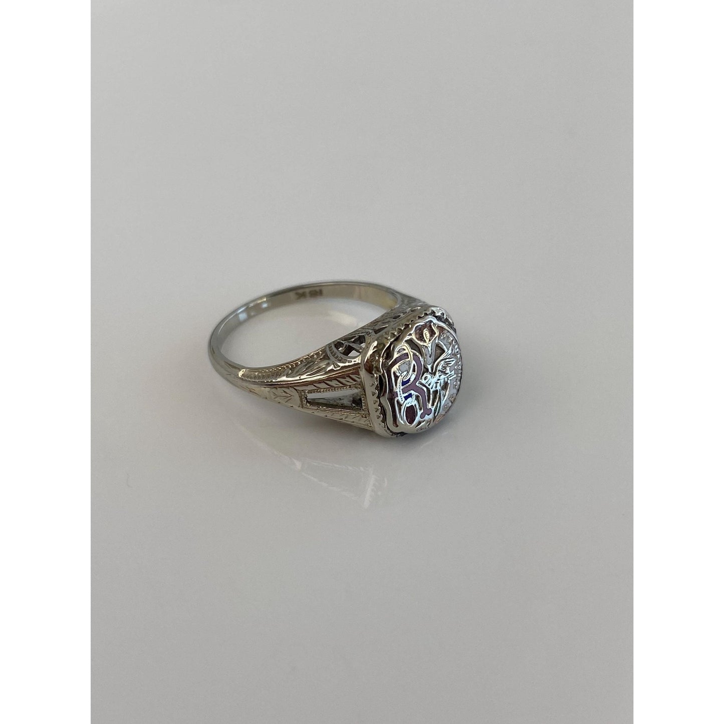 Vintage Solid 18k White Gold Enamel Art Deco Ring - Size 5.75