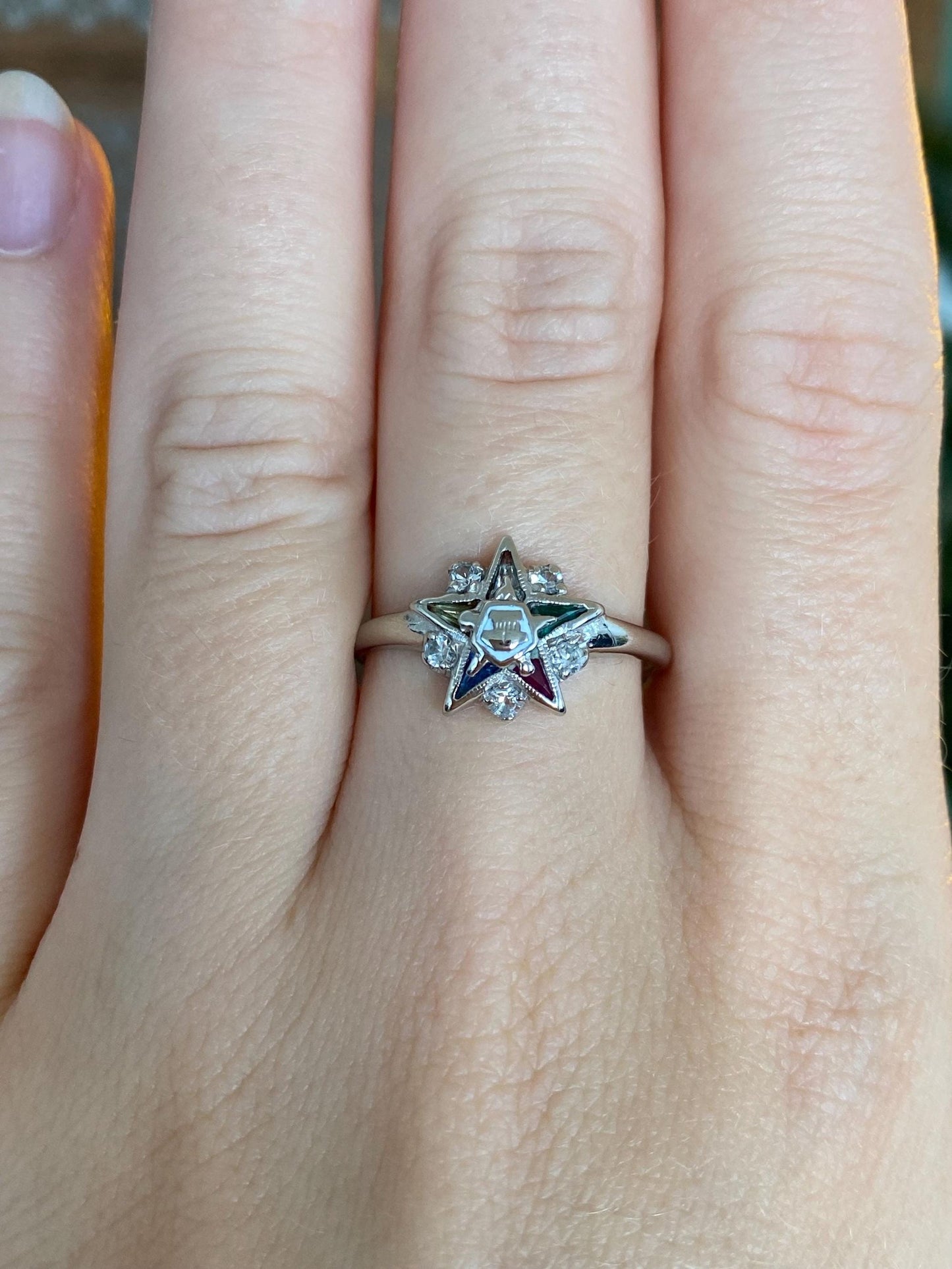 Vintage Solid 10k White Gold Spinel Enamel Eastern Star Freemason Ring - Size 8.5