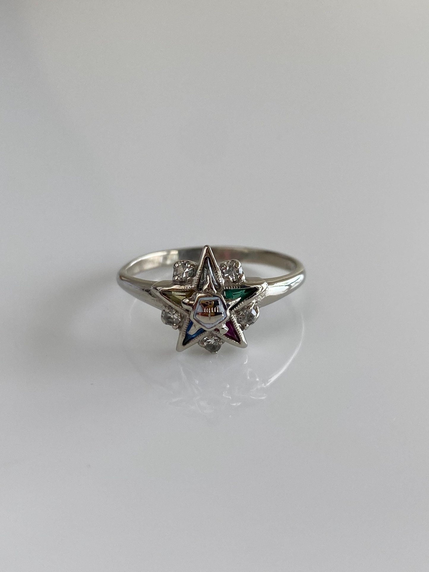 Vintage Solid 10k White Gold Spinel Enamel Eastern Star Freemason Ring - Size 8.5