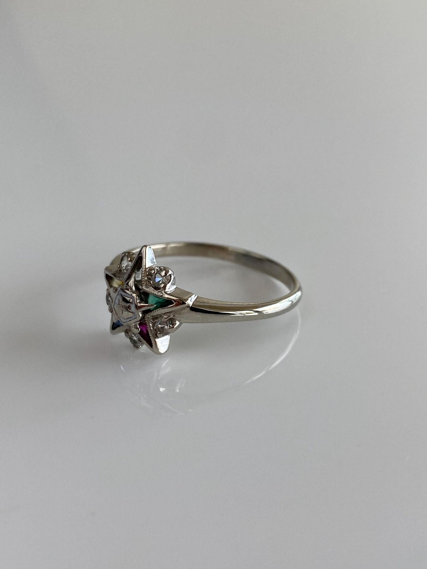 Vintage Solid 10k White Gold Spinel Enamel Eastern Star Freemason Ring - Size 8.5
