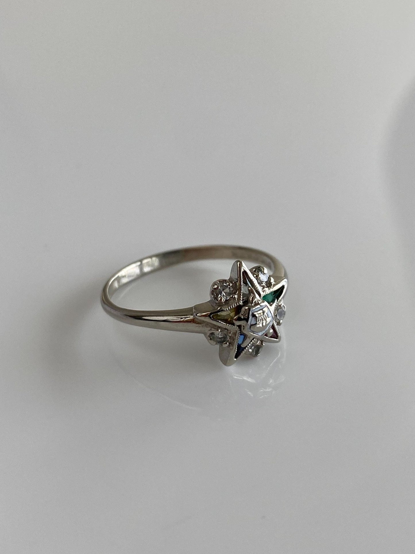 Vintage Solid 10k White Gold Spinel Enamel Eastern Star Freemason Ring - Size 8.5