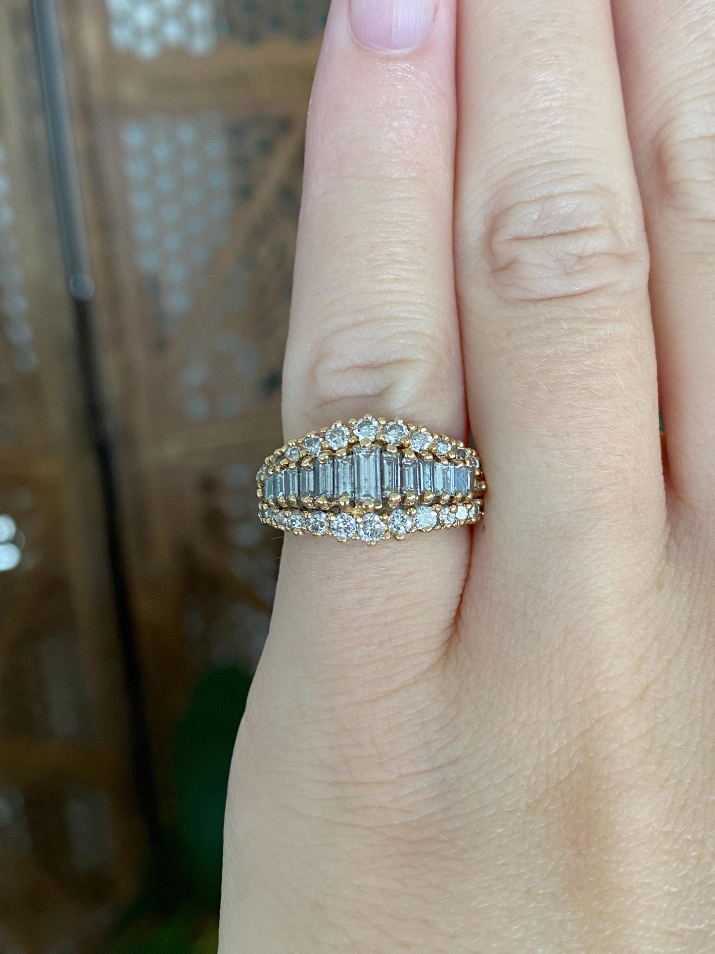 Vintage Solid 14k Yellow Gold Round & Baguette Diamond Rows Ring - Size 4.25
