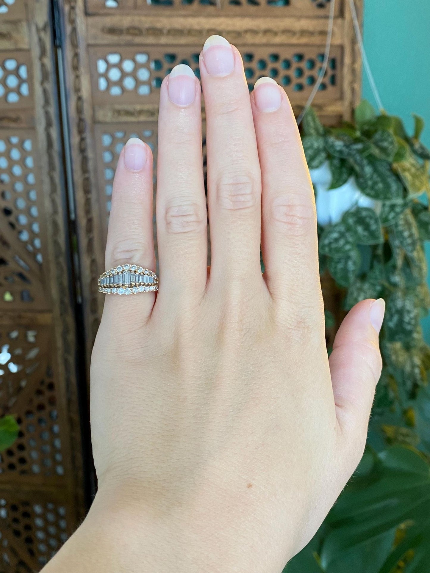 Vintage Solid 14k Yellow Gold Round & Baguette Diamond Rows Ring - Size 4.25