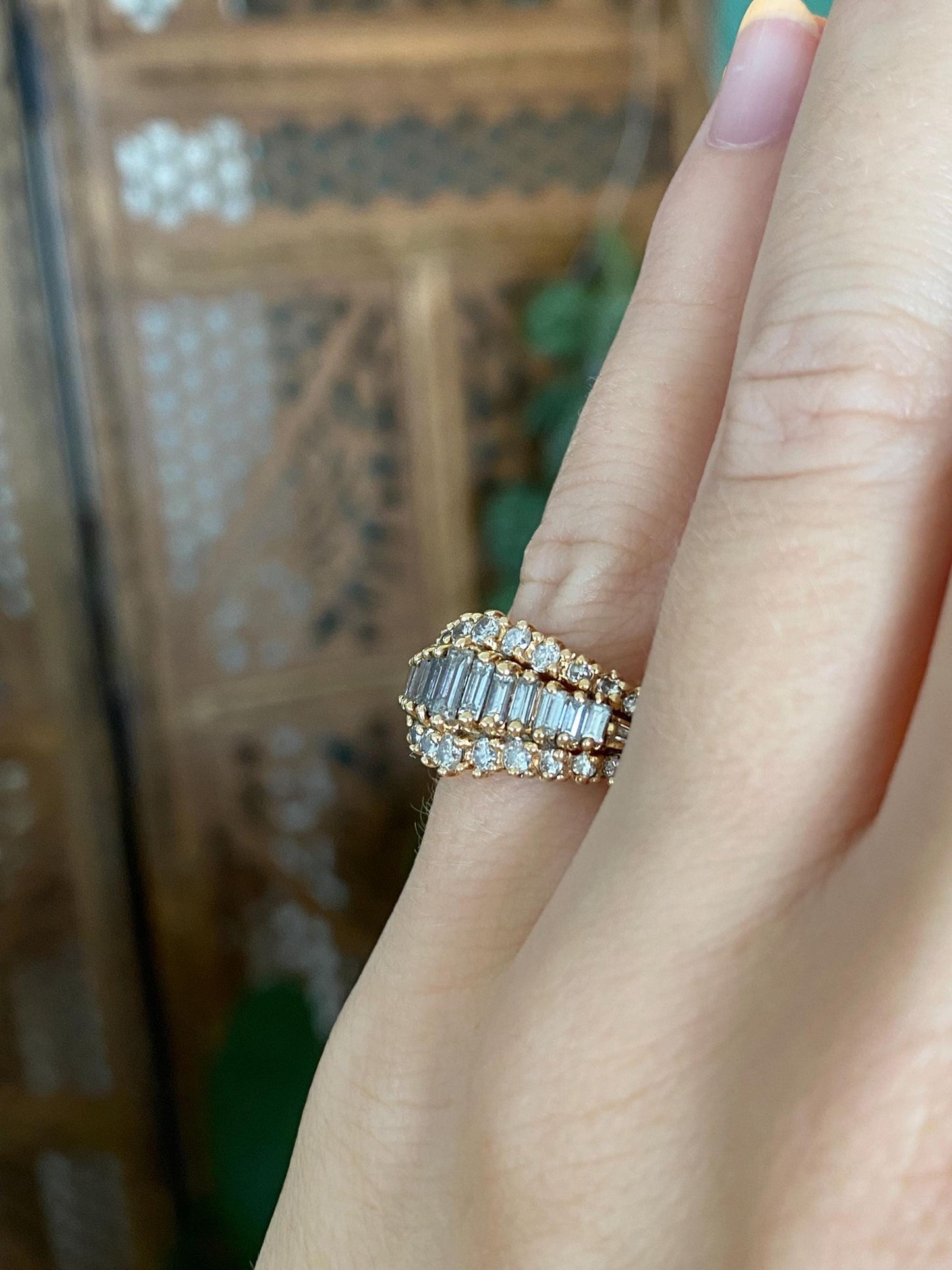 Vintage Solid 14k Yellow Gold Round & Baguette Diamond Rows Ring - Size 4.25
